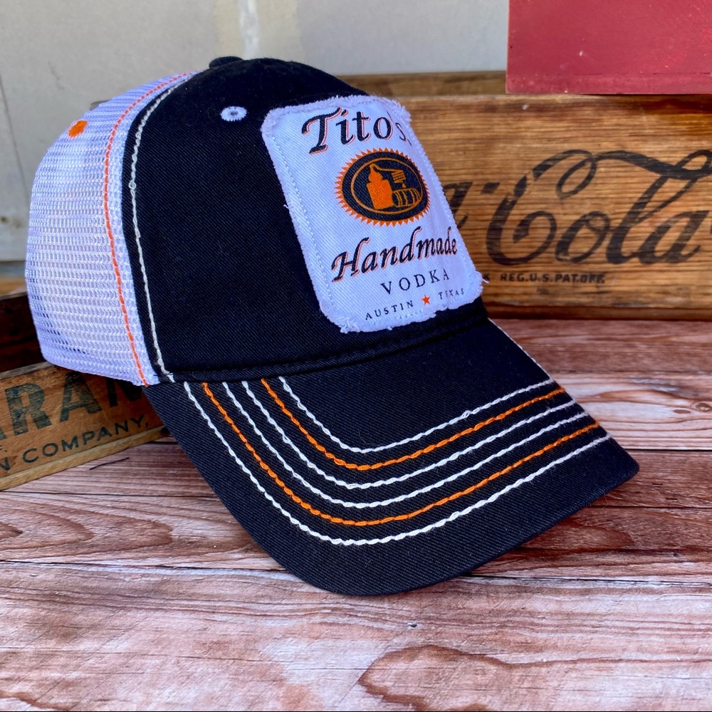 🆕🆕✨ TITO'S VODKA AUSTIN TX RETRO ADJ MESH TRUCKER HAT WITH PATCH O/S NWT - Picture 3 of 9